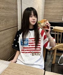 韓国ファッション 星柄総柄ラグラン半袖Tシャツ