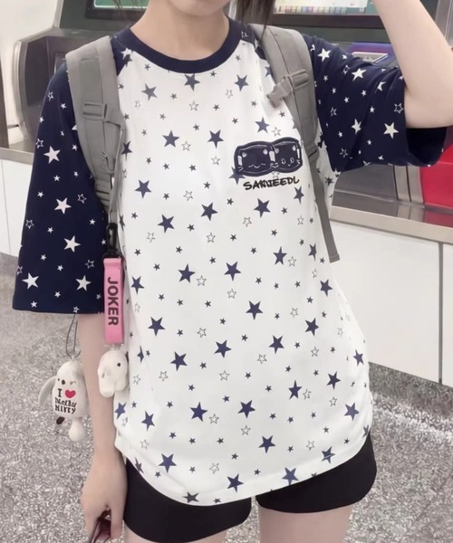 GEMEDA(ジェメダ)の「韓国ファッション 星柄総柄ラグラン半袖Tシャツ(Tシャツ/カットソー・レディース・グレー/ブルー/グレー系その他/ホワイト・M)」の1枚目の写真