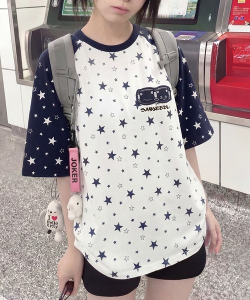 GEMEDA(ジェメダ)の「韓国ファッション 星柄総柄ラグラン半袖Tシャツ(Tシャツ/カットソー・レディース・グレー/ブルー/グレー系その他/ホワイト・M)」の5枚目の写真