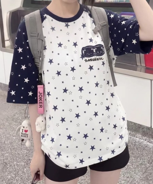 GEMEDA(ジェメダ)の「韓国ファッション 星柄総柄ラグラン半袖Tシャツ(Tシャツ/カットソー・レディース・グレー/ブルー/グレー系その他/ホワイト・M)」の7枚目の写真