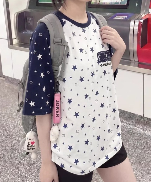 GEMEDA(ジェメダ)の「韓国ファッション 星柄総柄ラグラン半袖Tシャツ(Tシャツ/カットソー・レディース・グレー/ブルー/グレー系その他/ホワイト・M)」の8枚目の写真