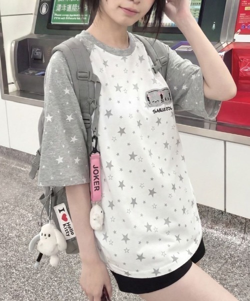GEMEDA(ジェメダ)の「韓国ファッション 星柄総柄ラグラン半袖Tシャツ(Tシャツ/カットソー・レディース・グレー/ブルー/グレー系その他/ホワイト・M)」の10枚目の写真