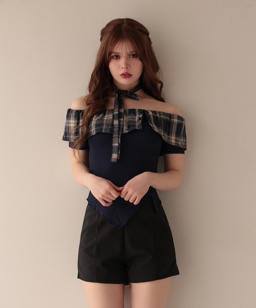 M DOLLY（エムドリー）の「Choker alina check frill tops/チョーカーアリナ チェックフリルトップス（Tシャツ/カットソー・レディース・ブラウン/ネイビー・FREE）」の14枚目の写真