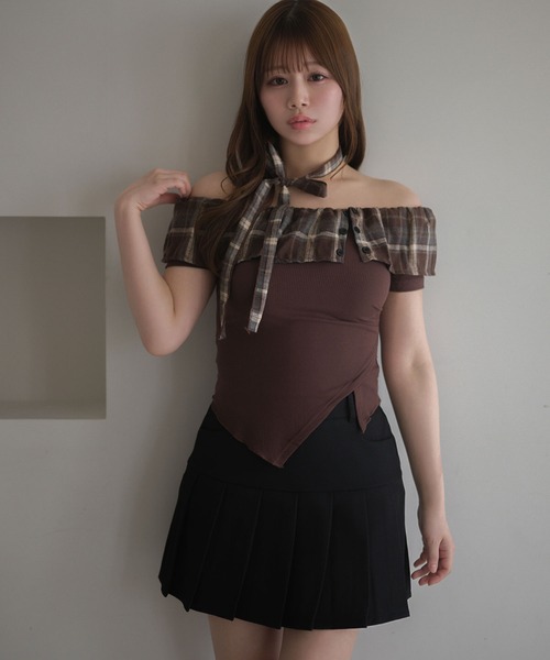 M DOLLY（エムドリー）の「Choker alina check frill tops/チョーカーアリナ チェックフリルトップス（Tシャツ/カットソー・レディース・ブラウン/ネイビー・FREE）」の6枚目の写真