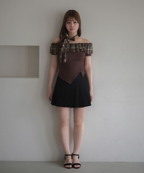 M DOLLY（エムドリー）の「Choker alina check frill tops/チョーカーアリナ チェックフリルトップス（Tシャツ/カットソー・レディース・ブラウン/ネイビー・FREE）」の8枚目の写真