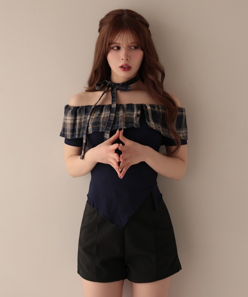 M DOLLY（エムドリー）の「Choker alina check frill tops/チョーカーアリナ チェックフリルトップス（Tシャツ/カットソー・レディース・ブラウン/ネイビー・FREE）」の9枚目の写真