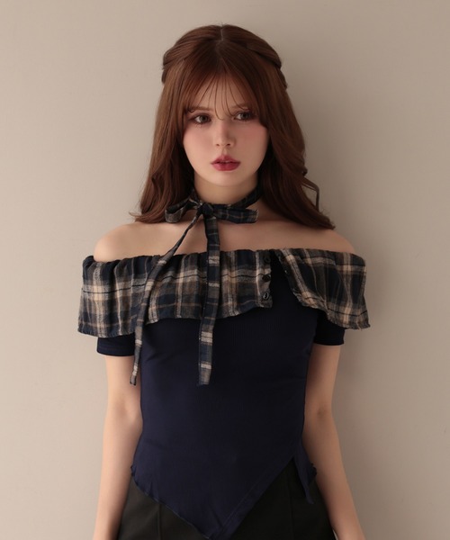 M DOLLY（エムドリー）の「Choker alina check frill tops/チョーカーアリナ チェックフリルトップス（Tシャツ/カットソー・レディース・ブラウン/ネイビー・FREE）」の10枚目の写真