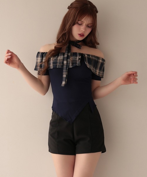 M DOLLY（エムドリー）の「Choker alina check frill tops/チョーカーアリナ チェックフリルトップス（Tシャツ/カットソー・レディース・ブラウン/ネイビー・FREE）」の11枚目の写真