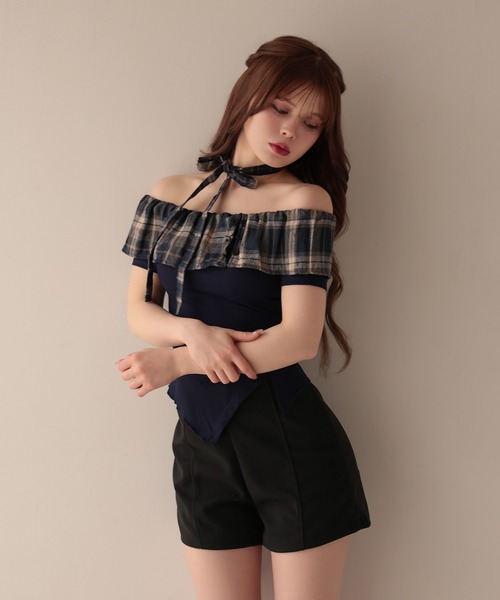 M DOLLY（エムドリー）の「Choker alina check frill tops/チョーカーアリナ チェックフリルトップス（Tシャツ/カットソー・レディース・ブラウン/ネイビー・FREE）」の12枚目の写真