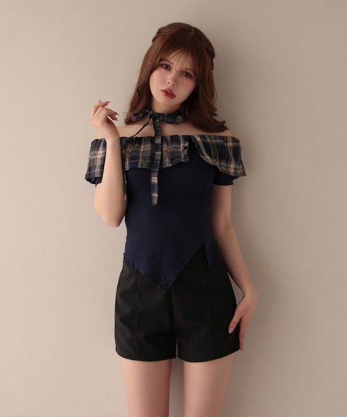M DOLLY（エムドリー）の「Choker alina check frill tops/チョーカーアリナ チェックフリルトップス（Tシャツ/カットソー・レディース・ブラウン/ネイビー・FREE）」の13枚目の写真
