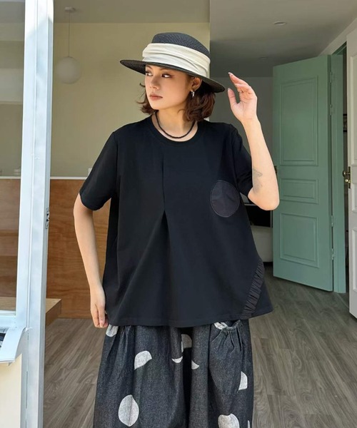 セール】アシンメトリーフリルデザイン 半袖Tシャツ ドット切替