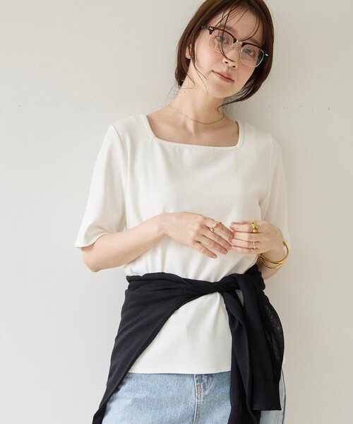 DISCOAT(ディスコート)の「【Noka】2WAYスクエアネックリブ半袖Tシャツ(Tシャツ/カットソー・レディース・オフホワイト/ブラック/ライトグレー・FREE)」の1枚目の写真