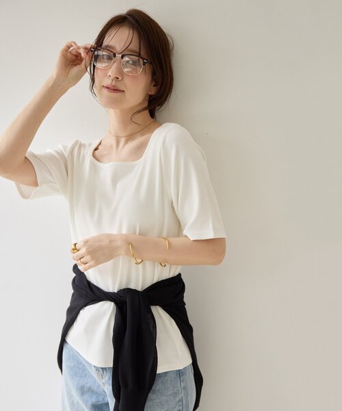 DISCOAT(ディスコート)の「【Noka】2WAYスクエアネックリブ半袖Tシャツ(Tシャツ/カットソー・レディース・オフホワイト/ブラック/ライトグレー・FREE)」の7枚目の写真
