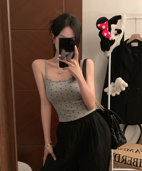 WESTSEA(ウエストシー)の「バックオープン ドット柄 キャミソール カップ付き クロップド丈(キャミソール・レディース・グレー/ブラック/ホワイト・FREE)」の15枚目の写真