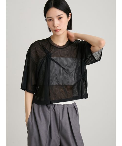MIESROHE(ミースロエ)の「チュールレイヤードツイストTシャツ(Tシャツ/カットソー・レディース・ホワイト/ブラック・F)」の3枚目の写真