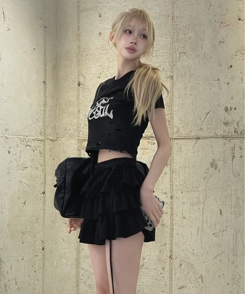 KsG（ケーエスジー）の「ダメージラインストーンクロップドTシャツ（Tシャツ/カットソー・レディース・ブラック・MEDIUM/SMALL）」の2枚目の写真