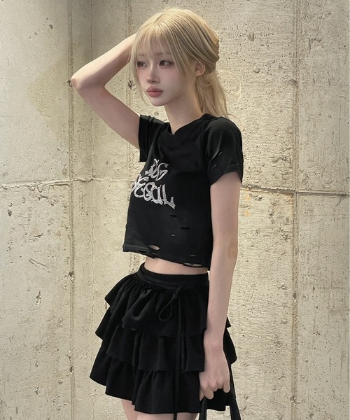 KsG（ケーエスジー）の「ダメージラインストーンクロップドTシャツ（Tシャツ/カットソー・レディース・ブラック・MEDIUM/SMALL）」の3枚目の写真