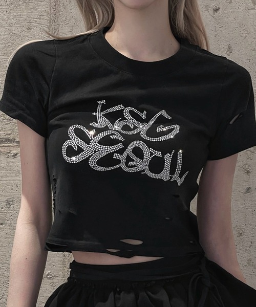 KsG（ケーエスジー）の「ダメージラインストーンクロップドTシャツ（Tシャツ/カットソー・レディース・ブラック・MEDIUM/SMALL）」の4枚目の写真