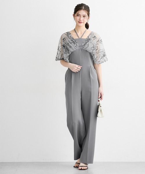 slattgir（スラットジール）の「高身長【結婚式・パーティー・オケージョンドレス】チュール刺しゅうデザインスリーブオールインワン（トールサイズ）（パンツドレス・レディース・グレー/ブラック・TM/TL/T3L/TLL）」の4枚目の写真