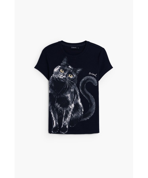 Desigual(デシグアル)の「ブラックキャットフォトプリントTシャツ【2026秋冬新作】(Tシャツ/カットソー・レディース・ブラック・S/M/L/XL)」の1枚目の写真