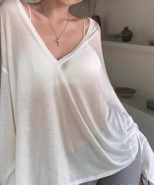 gossip!ロサンゼルス(ゴシップロサンゼルス)の「YUGA VネックロングTシャツ(シャツ/ブラウス・レディース・ベージュ/ブラック/ホワイト・FREE)」の16枚目の写真