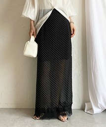 シアー ドット柄 裾レース タイト ロング丈 ナロースカート