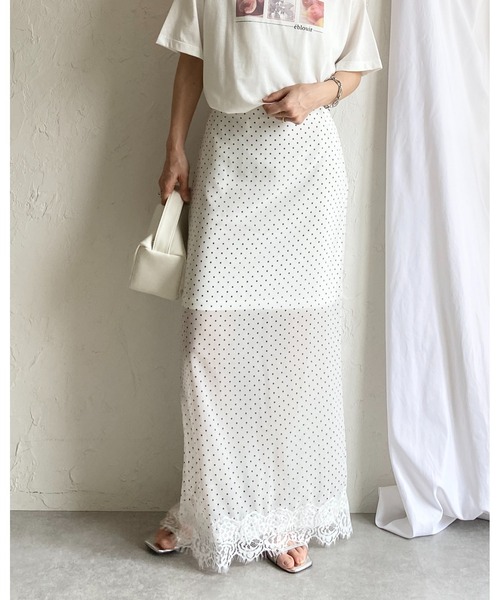 She's Closet(シーズクローゼット)の「シアー ドット柄 裾レース タイト ロング丈 ナロースカート(スカート・レディース・オフホワイト/ブラック・FREE)」の10枚目の写真