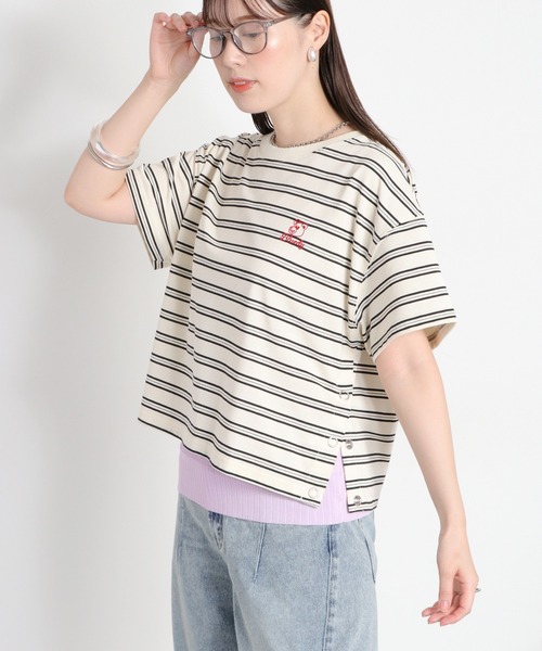 cepo(セポ)の「〈BLUEDY〉クマ刺繍ショートスリーブスリットTee(Tシャツ/カットソー・レディース・グレー/ホワイト系その他/ホワイト/ブラック・M)」の1枚目の写真