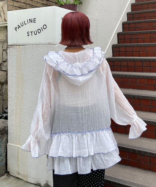HELLO.SANFRANCISCO(ハローサンフランシスコ)の「【HELLO.SANFRANCISCO/ハローサンフランシスコ】アソート柄フリルシアーパーカー(パーカー・レディース・ホワイト/ブラック/オレンジ・ONE SIZE)」の9枚目の写真