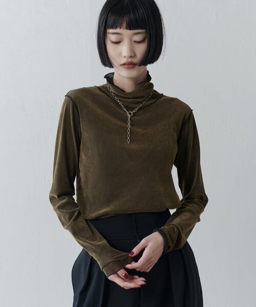 Lui's(ルイス)の「チュールベロアリブシアーメローデザインタートルトップス(Tシャツ/カットソー・レディース・ブラック/ブラウン/カーキ/グレー・FREE)」の9枚目の写真