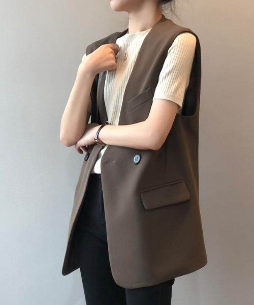 LUCPY(ラクピー)の「ノーカラーテーラードロングジレベスト(ベスト・レディース・ブラック/ブラウン・X-LARGE/LARGE/MEDIUM/XX-LARGE)」の2枚目の写真