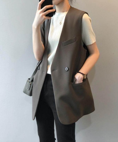 LUCPY(ラクピー)の「ノーカラーテーラードロングジレベスト(ベスト・レディース・ブラック/ブラウン・X-LARGE/LARGE/MEDIUM/XX-LARGE)」の3枚目の写真