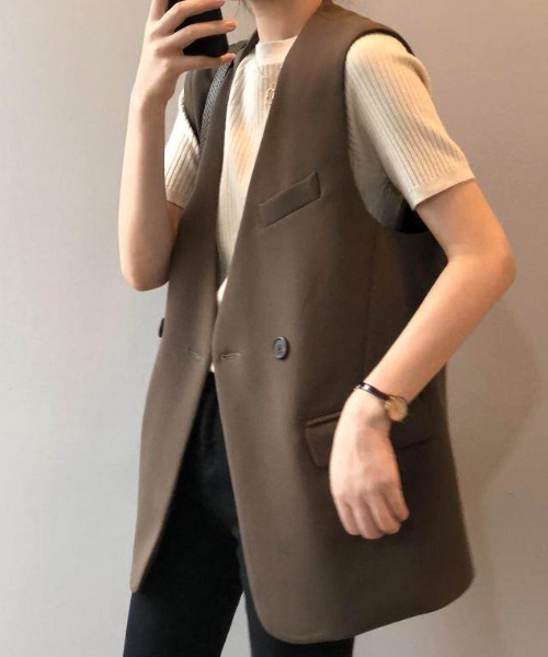 LUCPY(ラクピー)の「ノーカラーテーラードロングジレベスト(ベスト・レディース・ブラック/ブラウン・X-LARGE/LARGE/MEDIUM/XX-LARGE)」の4枚目の写真