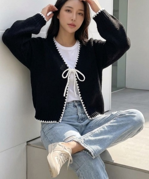 Ritzy（リッツィー）の「バイカラー前結びリボンざっくりニットカーディガン（カーディガン/ボレロ・レディース・ブラック/ベージュ/グレー・L/M）」の4枚目の写真