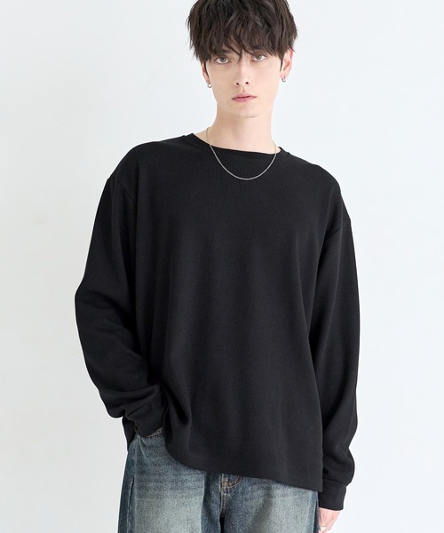 ASTRONOMY（アストロノミー）の「ワッフルヘンリーネック＆クルーネック長袖カットソー（Tシャツ/カットソー・メンズ・ブラック系2/グレー系1/ブラック系1/グレー系2・L/S/M/XL）」の2枚目の写真