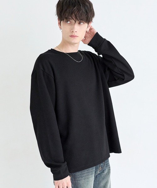 ASTRONOMY（アストロノミー）の「ワッフルヘンリーネック＆クルーネック長袖カットソー（Tシャツ/カットソー・メンズ・ブラック系2/グレー系1/ブラック系1/グレー系2・L/S/M/XL）」の5枚目の写真