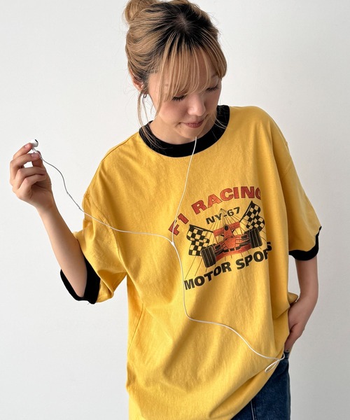 CANAL JEAN(キャナルジーン)の「Lakey Park F1リンガーTシャツ(Tシャツ/カットソー・レディース・グレー/イエロー・ONE SIZE)」の1枚目の写真