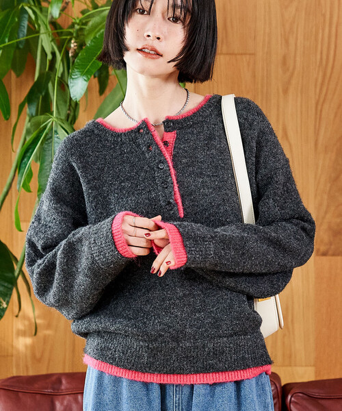 セール】配色 ヘンリーネック ニットプルオーバー/配色ニット（ニット