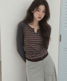 ストライプ ラグラン ボタンTシャツ グレー