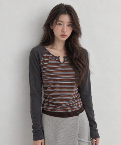 SAYUU（サユ）の「ストライプ ラグラン ボタンTシャツ グレー（Tシャツ/カットソー・レディース・その他・FREE）」の3枚目の写真