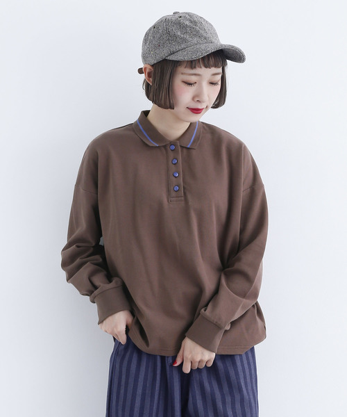 MERLOT（メルロー）の「配色ボタン長袖ポロシャツ1818（ポロシャツ・レディース・ホワイト/レッド/ブラウン/ブラック・FREE）」の4枚目の写真