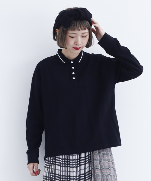 MERLOT（メルロー）の「配色ボタン長袖ポロシャツ1818（ポロシャツ・レディース・ホワイト/レッド/ブラウン/ブラック・FREE）」の3枚目の写真