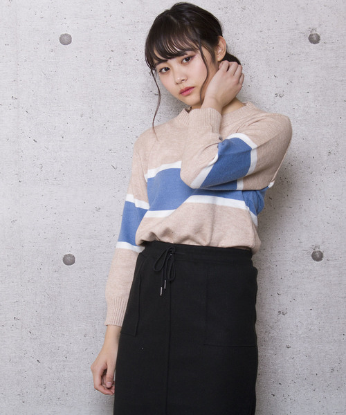 LUGG NAGG(ラグナグ)の「【Jewelobe/ ジュエローブ】ライン配色 ニットトップス(ニット/セーター・レディース・ホワイト/ベージュ/ピンク/ブルー・FREE)」の3枚目の写真