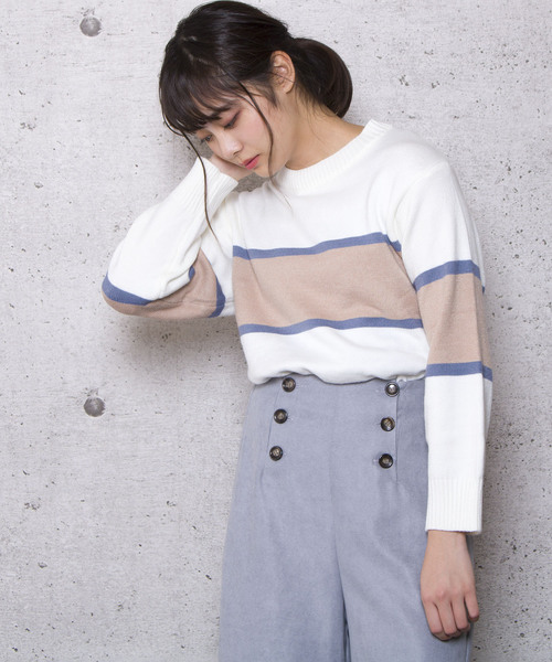 LUGG NAGG(ラグナグ)の「【Jewelobe/ ジュエローブ】ライン配色 ニットトップス(ニット/セーター・レディース・ホワイト/ベージュ/ピンク/ブルー・FREE)」の2枚目の写真