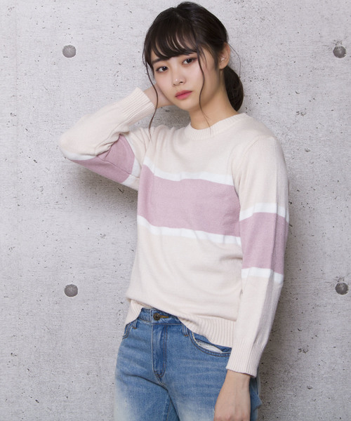 LUGG NAGG(ラグナグ)の「【Jewelobe/ ジュエローブ】ライン配色 ニットトップス(ニット/セーター・レディース・ホワイト/ベージュ/ピンク/ブルー・FREE)」の1枚目の写真