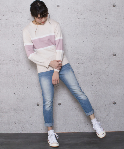 LUGG NAGG(ラグナグ)の「【Jewelobe/ ジュエローブ】ライン配色 ニットトップス(ニット/セーター・レディース・ホワイト/ベージュ/ピンク/ブルー・FREE)」の8枚目の写真