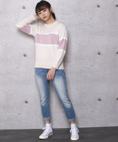 LUGG NAGG(ラグナグ)の「【Jewelobe/ ジュエローブ】ライン配色 ニットトップス(ニット/セーター・レディース・ホワイト/ベージュ/ピンク/ブルー・FREE)」の7枚目の写真