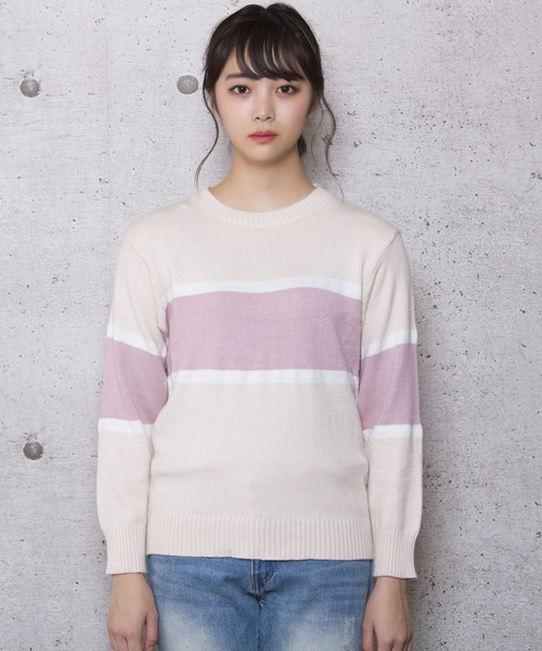LUGG NAGG(ラグナグ)の「【Jewelobe/ ジュエローブ】ライン配色 ニットトップス(ニット/セーター・レディース・ホワイト/ベージュ/ピンク/ブルー・FREE)」の5枚目の写真