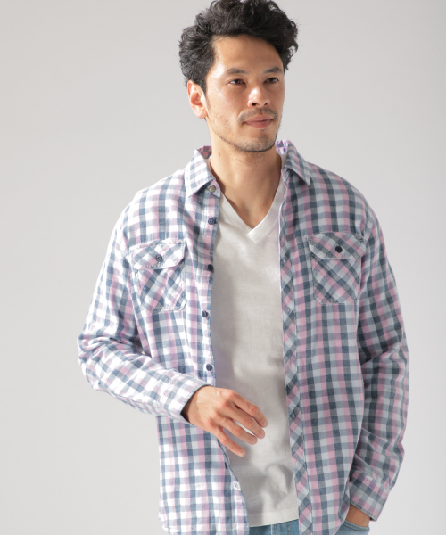 BAYFLOW(ベイフロー)の「インディゴガーゼチェックシャツ(シャツ/ブラウス・メンズ・ブルー/レッド・SMALL/MEDIUM/LARGE)」の8枚目の写真