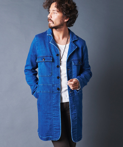 Magine(マージン)の「KNIT DENIM SHOP COAT:ニットデニムショップコート(ステンカラーコート)」|ライトブルー